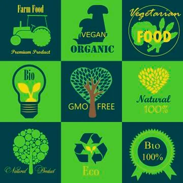 A set of logos on veganism, ecology, farm products and organic natural fruits Stock Illustration