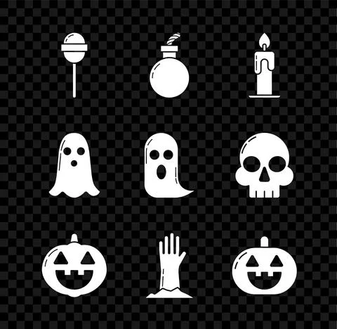 Set Lollipop Bomb ready to explode Burning candle Pumpkin Zombie hand Ghost a Stock-Illustration