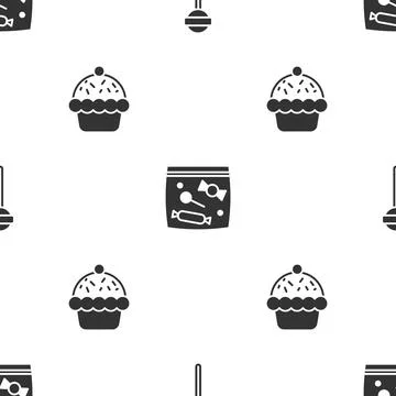 Set Lollipop, Candy packaging for sweets and Cupcake on seamless pattern. Vector 스톡 일러스트