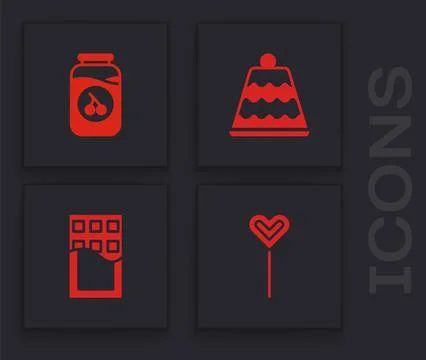 Set Lollipop, Cherry jam jar, Cake and Chocolate bar icon. Vector 스톡 일러스트