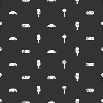 Set Lollipop, Chocolate roll cake, Croissant and Ice cream on seamless pattern 스톡 일러스트