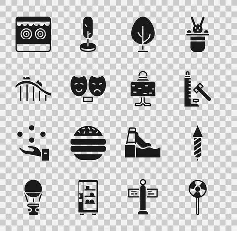 Set Lollipop, Firework rocket, Striker attraction with hammer, Tree, Comedy and Stock Illustration