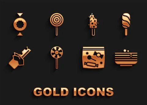 Set Lollipop, Ice cream, Stack of pancakes, Candy packaging for sweets, Bitten Illustrazione stock