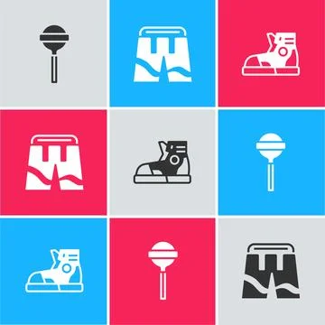 Set Lollipop, Short or pants and Sport sneakers icon. Vector Stock Illustration
