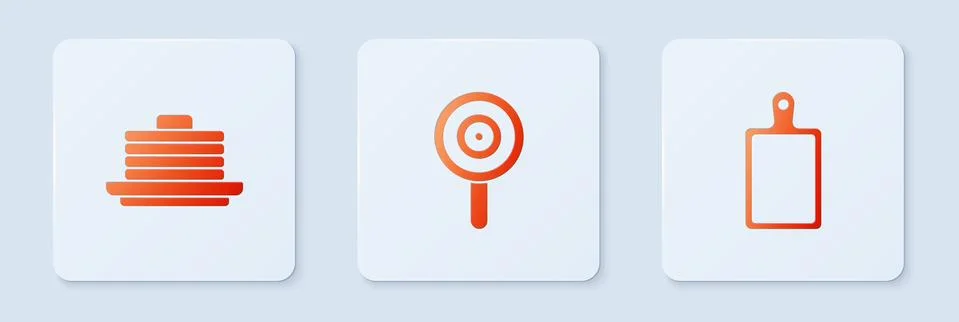 Set Lollipop, Stack of pancakes and Cutting board. White square button. Vector Stock Illustration