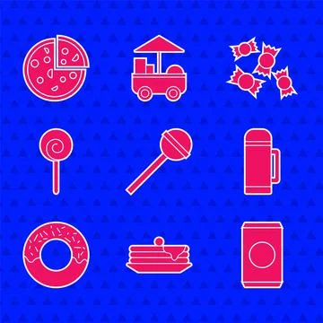 Set Lollipop, Stack of pancakes, Soda can with straw, Thermos container, Donut Stock Illustration