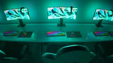 Set of looping gaming e-sport PC stations prepared for the tournament. 4K HD 動画素材 201228966