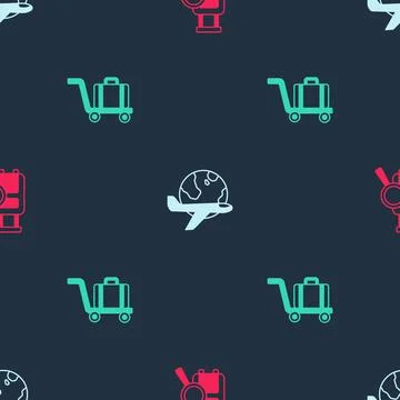 Set Lost baggage, Globe with flying plane and Trolley on seamless pattern Illustrazione stock