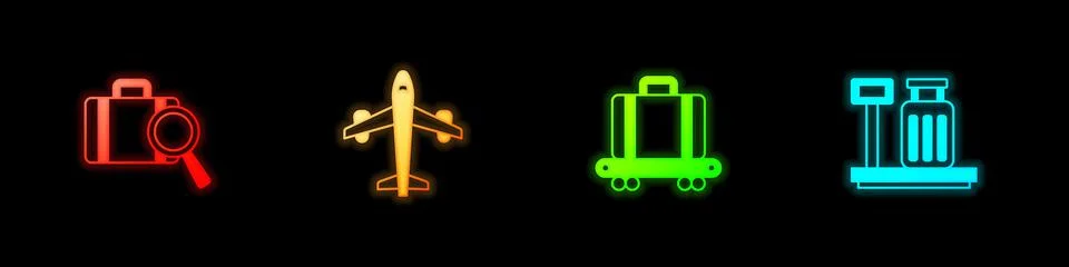 Set Lost baggage, Plane, Conveyor belt with suitcase and Scale icon. Vector 스톡 일러스트