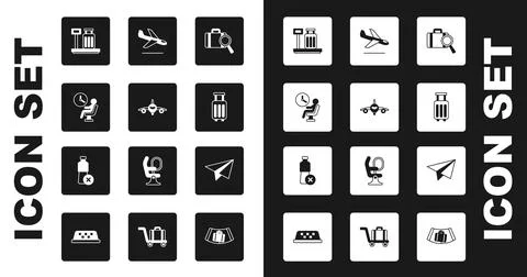 Set Lost baggage, Plane, Human waiting in airport terminal, Scale with suitcase Illustration