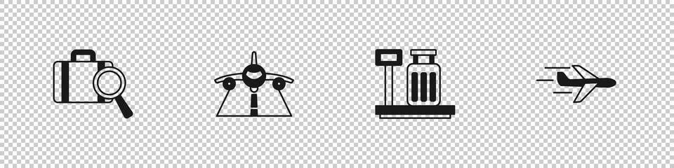 Set Lost baggage, Plane, Scale with suitcase and icon. Vector 스톡 일러스트