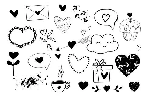 Set love elements borders romantic ornaments, cute bubbles in doodle style with Illustrazione stock