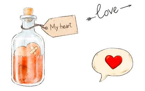 Set of love elements for Valentines day. Love potion and heart 스톡 일러스트