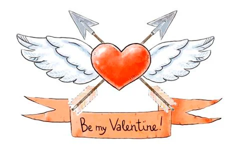 Set of love elements for Valentines day. Winged heart with vintage arrows  Illustrazione stock