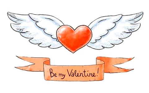 Set of love elements for Valentines day. Winged heart and Be my Valentine Stock Illustration