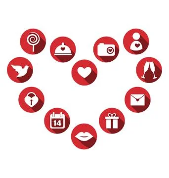 Set of love icons with long shadow in circles isolated on white Stock Illustration