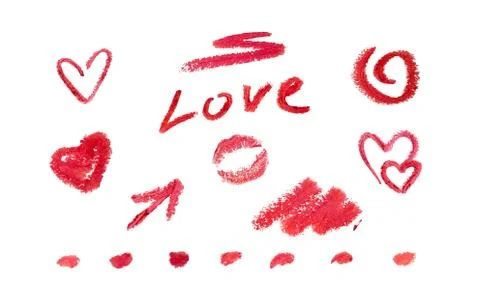 Set love scrap-book elements by red lipstick. Romantic doodle collection for Stock Photos