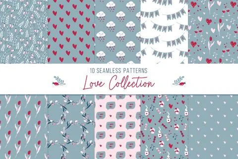 Set of love seamless patterns with hearts and romantic elements Stock Illustration