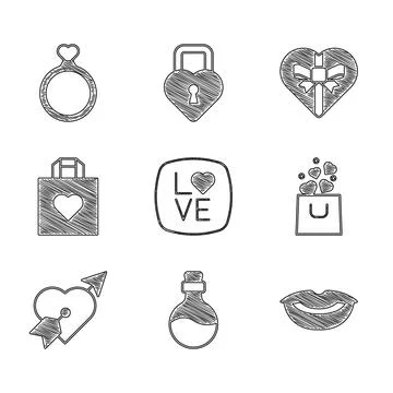 Set Love text, Bottle with love potion, Smiling lips, Shopping bag heart, Amo Stock Illustration
