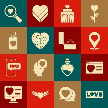 Set Love text, Dating app online, Location with heart, Wedding cake, Heart,.. Stock Illustration
