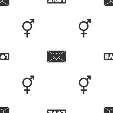 Set Love text, Envelope with Valentine heart and Gender on seamless pattern 스톡 일러스트