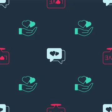 Set Love text, Heart in speech bubble and hand on seamless pattern. Vector Illustrazione stock