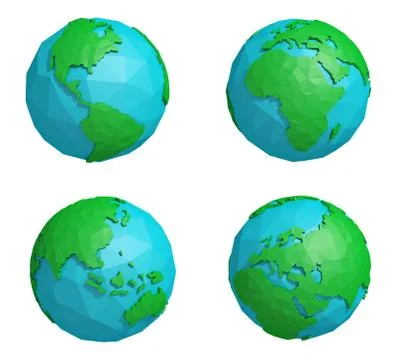 Set of low poly earth planet with four continents, polygonal globe icon Stock Illustration
