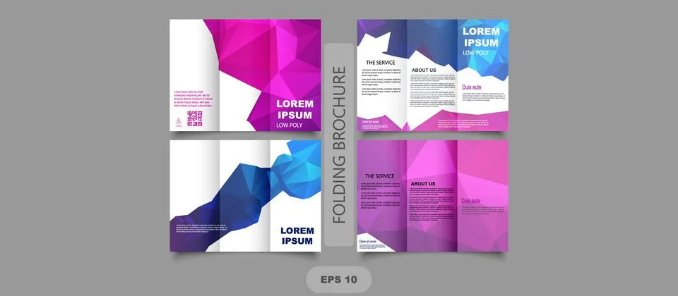 Set Low poly tri fold brochure. Creative bright flyer for design. Vector grap Stock Illustration