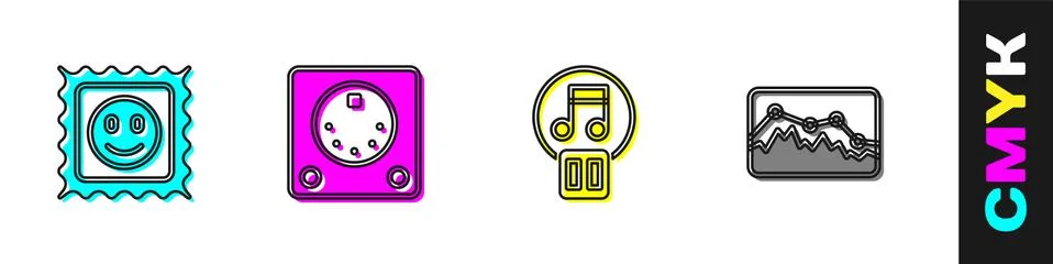 Set LSD acid mark, Drum machine, Pause button and Music wave equalizer icon Stock Illustration