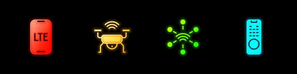 Set LTE network, Smart drone system, Network and Remote control icon. Vector Stock Illustration