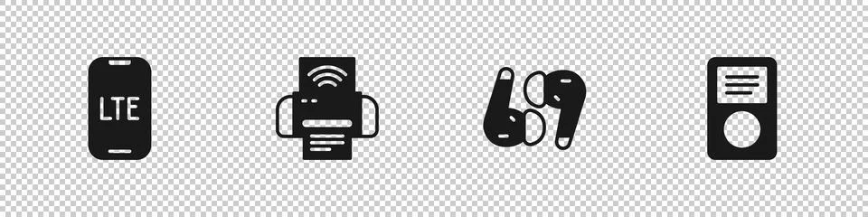 Set LTE network, Smart printer system, Air headphones and Music player icon イラスト素材