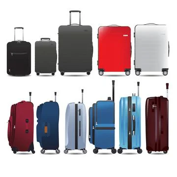 Set of luggage, baggage in side view &amp; front view, Flat &amp; realistic style of  Stock Illustration