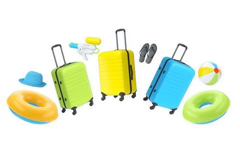 Set of luggage, flip-flops, beach ball, float rings, and summer hat isolated  Stock Illustration
