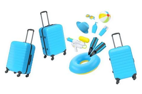 Set of luggage, flip-flops, beach ball, float rings, and summer hat isolate.. Illustration