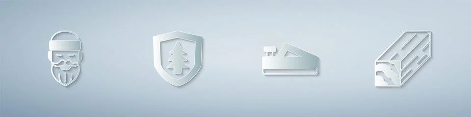 Set Lumberjack, Shield with tree, Wood plane tool and Wooden beam. Paper ar.. Stock Illustration