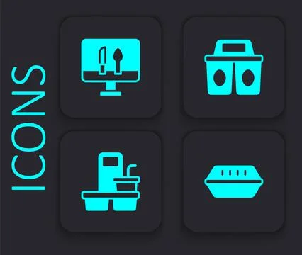 Set Lunch box, Online ordering food, Coffee cup to go and  icon. Black square Stock Illustration
