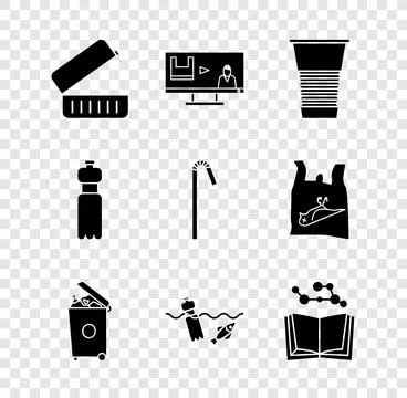 Set Lunch box, Stop plastic pollution, Paper glass, Trash can, Problem of t.. Illustrazione stock