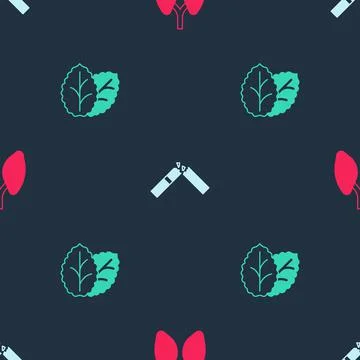 Set Lungs, Broken cigarette and Tobacco leaf on seamless pattern. Vector Illustrazione stock
