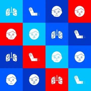Set Lungs, Inhaler, Inflammation on face and Runny nose icon. Vector 스톡 일러스트