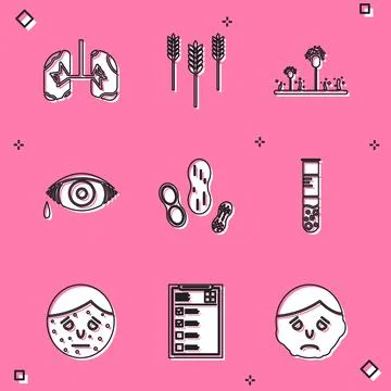 Set Lungs, Wheat, Mold, Reddish eye allergic conjunctivitis, Peanut, Test tube Illustrazione stock