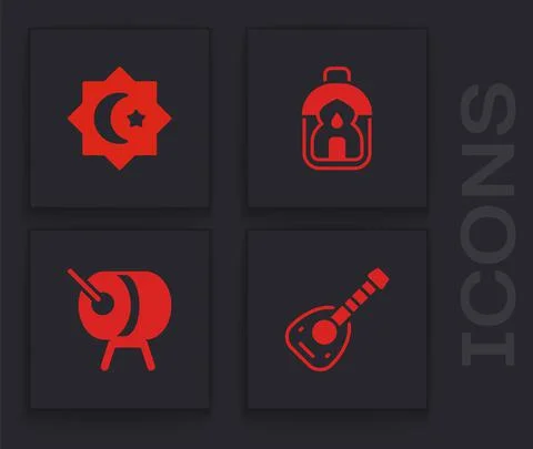 Set Lute, Octagonal star, Ramadan Kareem lantern and drum icon. Vector Stock Illustration