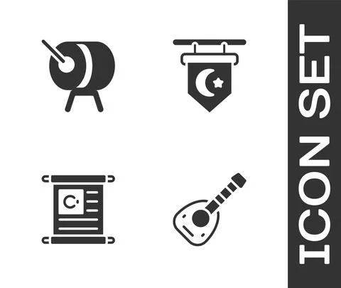 Set Lute, Ramadan drum, Holy book of Koran and Star and crescent icon. Vector Stock Illustration