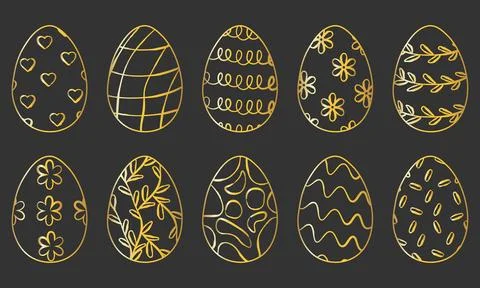 Set of luxury golden Easter eggs with hand drawn floral and geometric patte.. イラスト素材