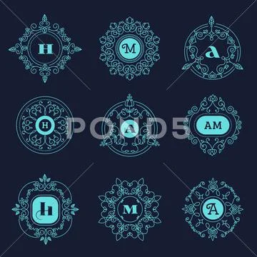 Set luxury monogram template flourishes calligraphic elegant ornament lines Stock Illustration