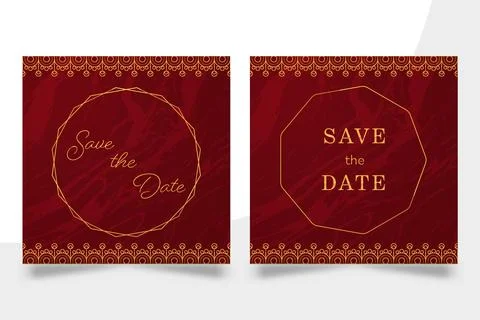 Set of Luxury Red Marble Wedding Invitation Templates with Gold Ornamental .. Stock Illustration