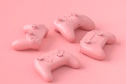 Set of lying gamer joysticks or gamepads on pink background Stock Illustration