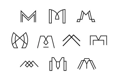 Set of M abstract logo set collection, M monogram outline or line art. Isol.. イラスト素材