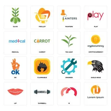 Set of, m, lip, spanner, ok, tea leaf, medical, painters, olive icons Free Stock Illustration