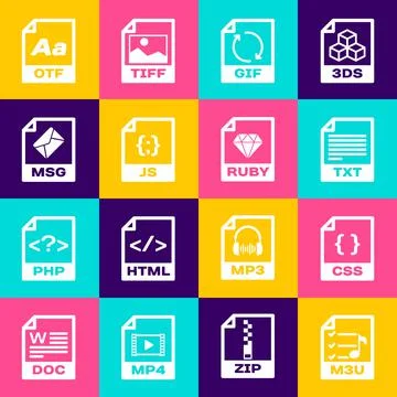 Set M3U file document, CSS, TXT, GIF, JS and MSG icon. Vector Illustration