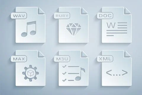 Set M3U file document, DOC, MAX, XML, RUBY and WAV icon. Vector Stock Illustration